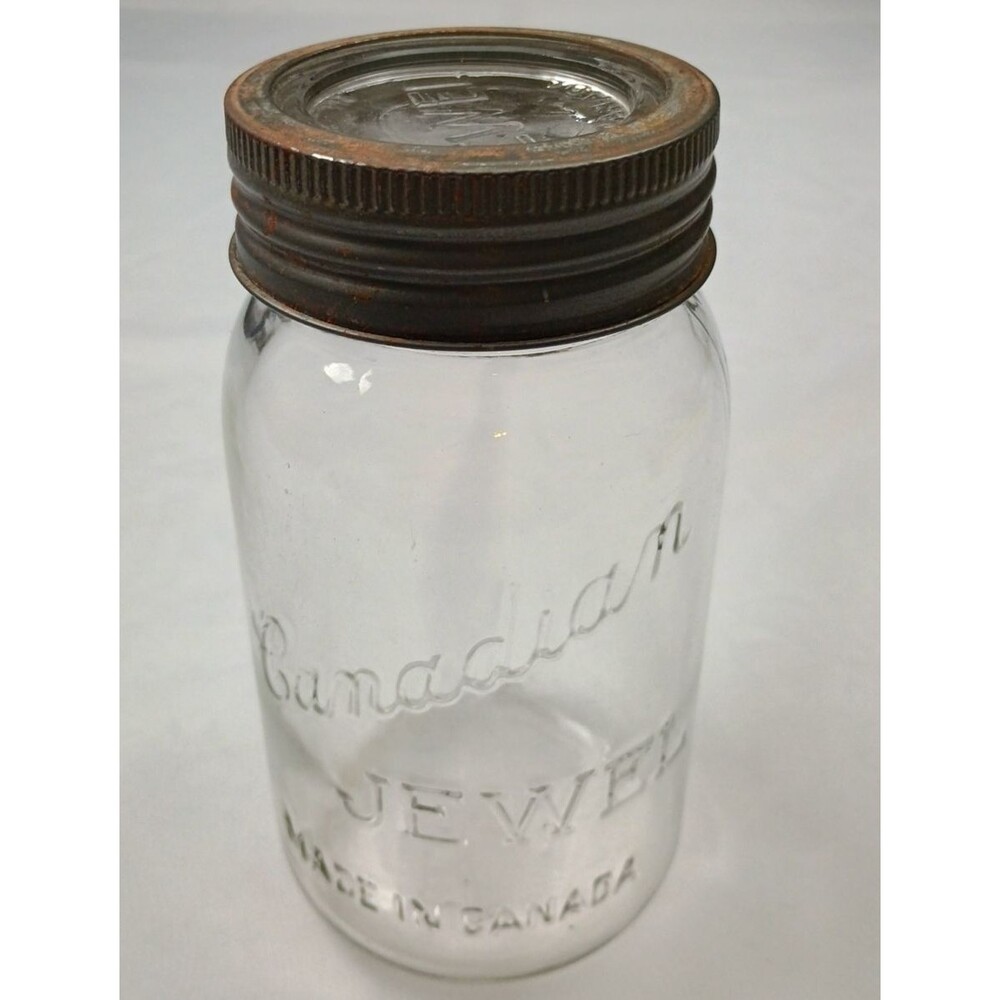 Antique Clear Canidian Jewel Mason Jar, Glass Top Matching Zink Lid 1 Quart